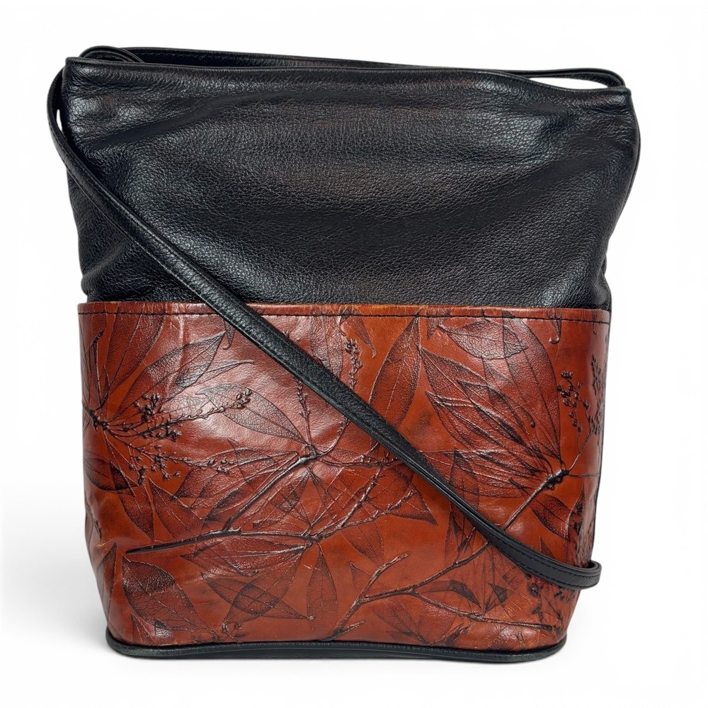 Leaf Leather C.L. Whiting  Black Brown Embossed Crossbody Bucket Bag USA Made